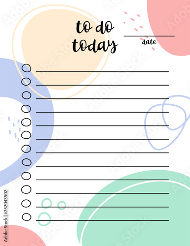 To Do Today list blank template. Daily planner with copy space for handwriting. Checklist page layout vector illustration in vertical US Letter size proportions. Cute abstract background 