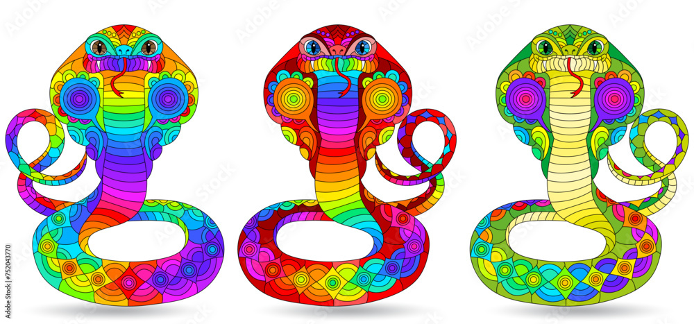 A set of stained glass illustrations with bright snakes cobras, animals isolated on a white background