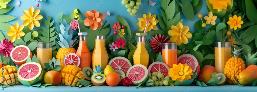 Colorful cut out paper illustration banner layout of different fresh tropical fruit. Generative AI Colorful cut out paper illustration banner layout of different fresh tropical fruit. Generative AI