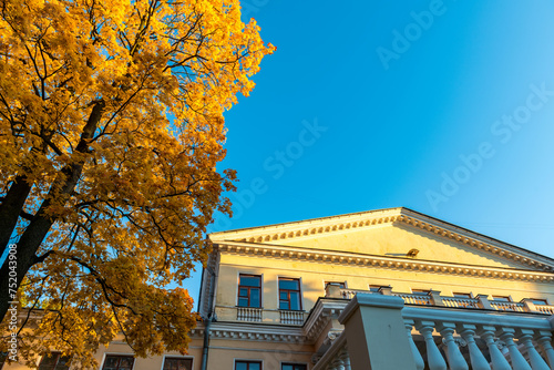 Yusupov Palace in St. Petersburg against the background of a blue sky and a crown of a tree with golden leaves photo