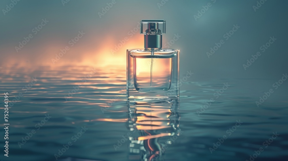 Product mockup photography, bottle of Perfume and white color background simple lighting in water - obrazy, fototapety, plakaty 