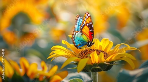 Butterfly in Sunflower Field, Butterfly and yellow sunflowers on a sunny summer