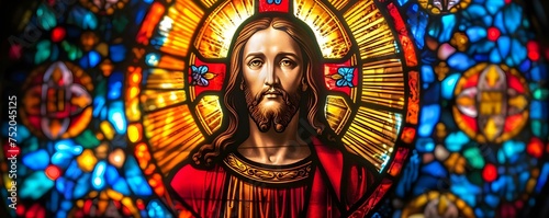 A colorful stained glass window featuring an image of Jesus Christ. Concept Religious Art, Stained Glass, Jesus Christ, Colorful Window, Spiritual Decoration