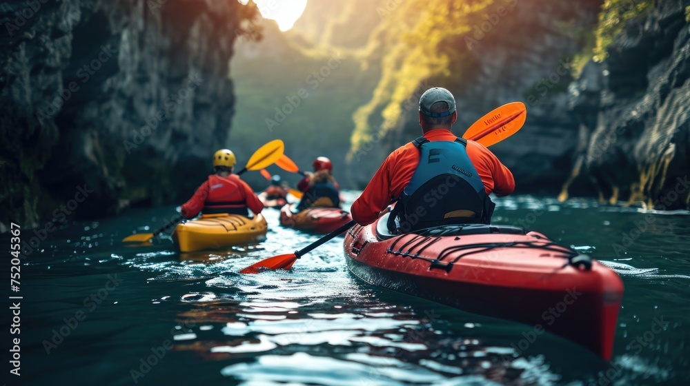 Group of People in Kayaks Paddling Down a River - obrazy, fototapety, plakaty 