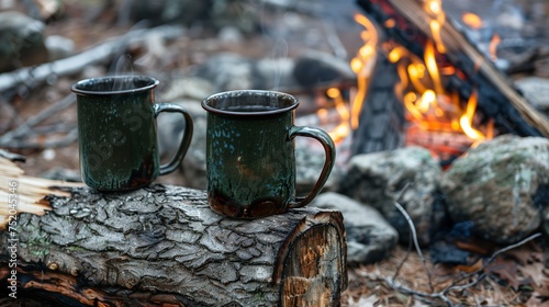 Cozy camping concept featuring two enamel mugs on a log with steam rising, in front of a campfire. This close-up shot captures the warmth and comfort of outdoor adventures.