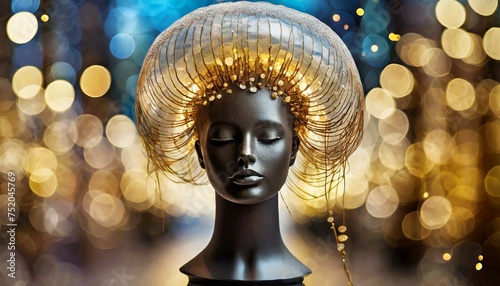 A mannequin wears a jellyfish style hat or hairstyle in front of a blurred background with glowing lights
