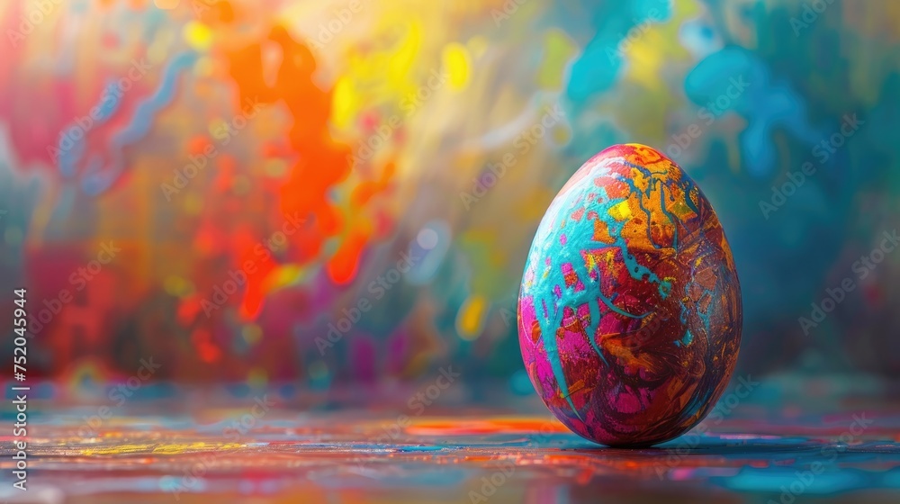 Easter egg painted with colors, creative eggs, pysanky on dark blurred background. Paint splashes and swirls Easter egg painted with colors, creative eggs, pysanky on dark blurred background. Paint splashes and swirls
