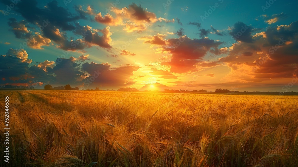 Golden Barley Field Under a Blue Sky Generative AI Golden Barley Field Under a Blue Sky Generative AI