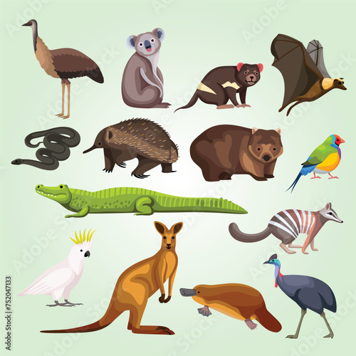 australian animals set koala kangaroo crocodile lizard flying fox wild dog dingo platypus echidna