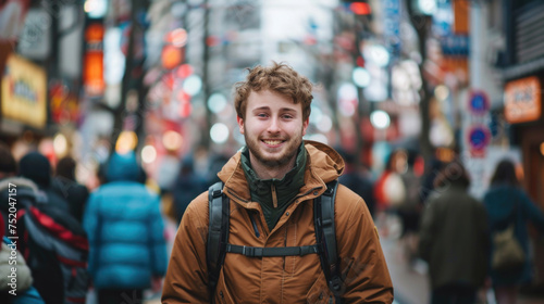 Young smiling male traveler standing in a crowded Japanese town