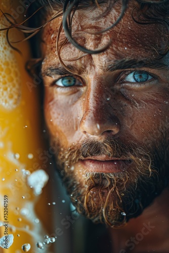 Close-up of a young handsome man with a surfboard, surfer © Tetiana Kasatkina