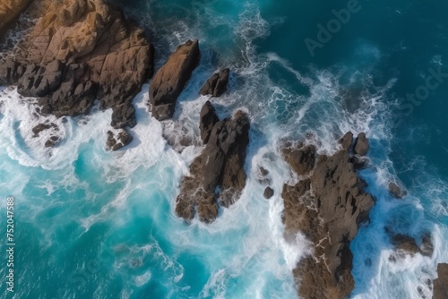Aerial View: Jagged Rock Formations in Turquoise Sea along Rugged Coastline © crafty_badger