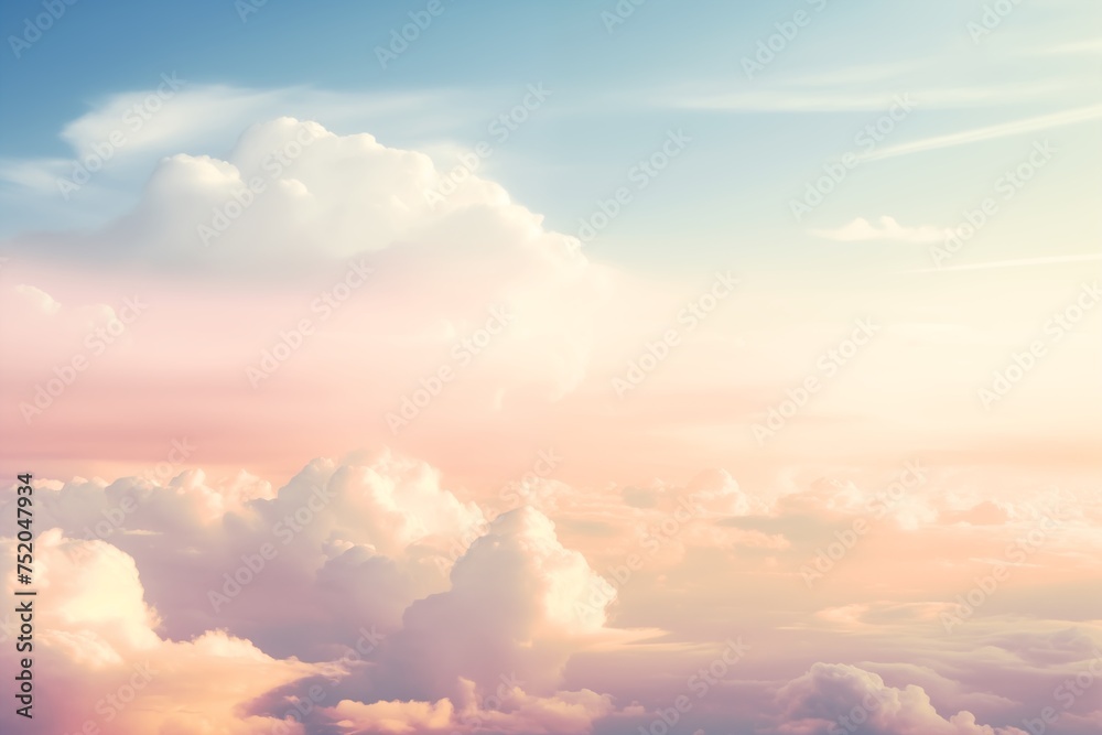 Serene Sky with Fluffy Clouds: Tranquil view of the sky filled with fluffy clouds, illuminated by sunlight casting a warm glow