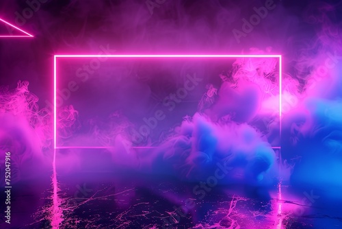 1980s Retrowave Neon Rectangle: A neon rectangular frame emitting pink light, surrounded by blue and purple smoke against a dark background