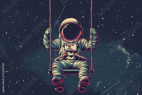 Astronaut on a Swing in Space: Artistic rendering of an astronaut on a red swing suspended in space against a star-filled background