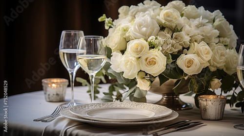 Wedding table setting with flowers, white rose, photo shoot