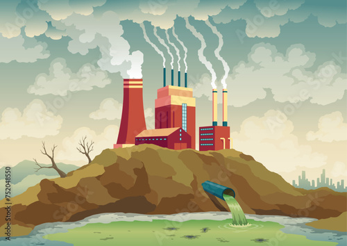 Pollution factory, plant pipes from which smoke comes out. Trash emission to river water. Landscape with nature ecology problem concept in flat style. Dirty waste water polluted environment