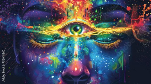 Third eye is on woman's forehead, symbol of spirituality, spiritual awakening, mindfulness, meditation and healing