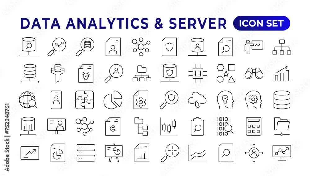 Data analysis, statistics, analytics - minimal thin line web icon set. Outline icons collection. Simple vector illustration. Data analysis thin line icon set. Data processing outline pictograms.