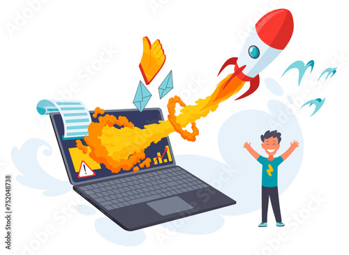Successful start up, starting new business project. Starting launch, entrepreneurial concept. Rocketship on computer for startup media. Vector cartoon illustration