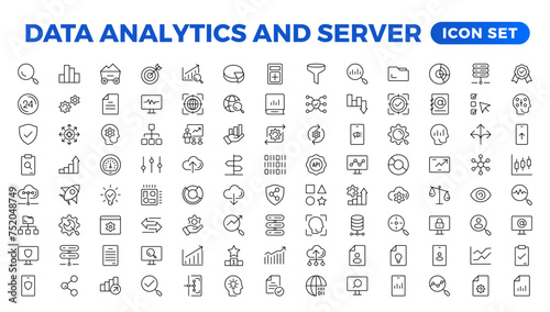 Data analysis, statistics, analytics - minimal thin line web icon set. Outline icons collection. Simple vector illustration. Data analysis thin line icon set. Data processing outline pictograms.