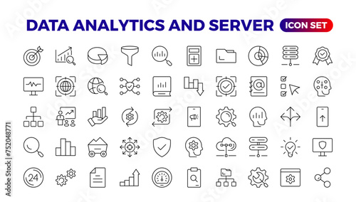 Data analysis, statistics, analytics - minimal thin line web icon set. Outline icons collection. Simple vector illustration. Data analysis thin line icon set. Data processing outline pictograms.