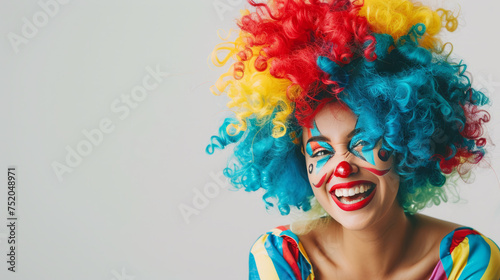 beautiful young woman laughing happily Wear a colorful clown wig. Celebrate April Fools' Day.