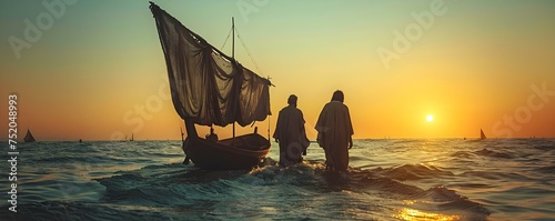 Jesus leads Simon Peter and Andrew to a successful fishing expedition. Concept Biblical Stories, Jesus's Miracles, Discipleship, Fishing Expedition, Spiritual Guidance photo
