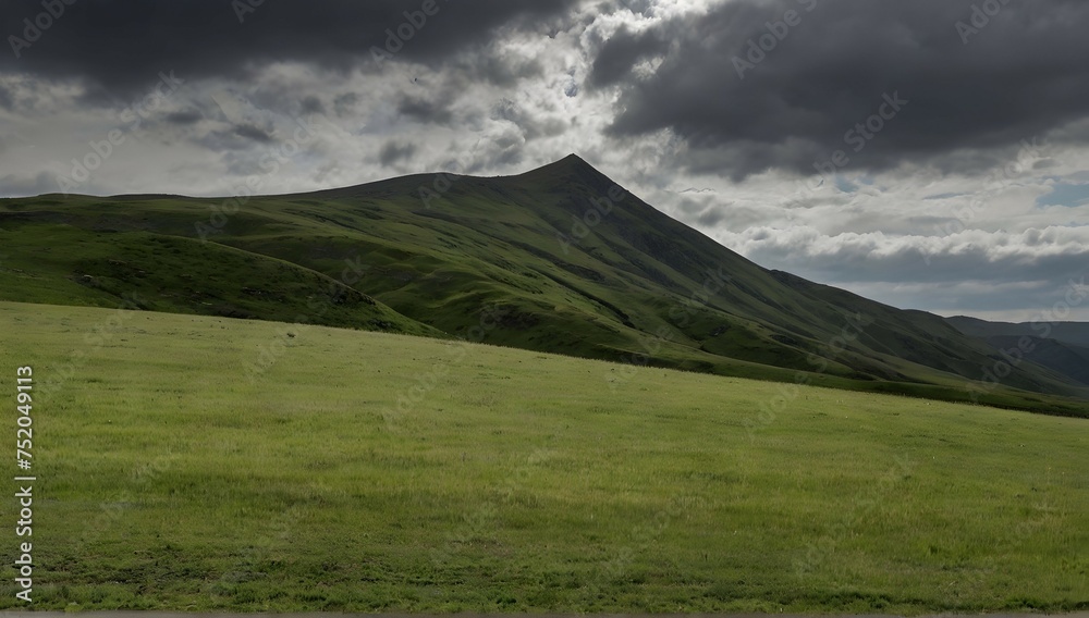 Fototapeta premium Grassy field near a grassy mountain under a cloudy sky