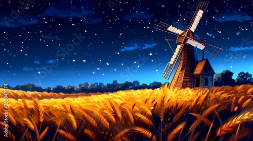 The charm of a rustic windmill in a vast, golden wheat field at night. Fantasy landscape anime or cartoon style, looping 4k video animation background photo