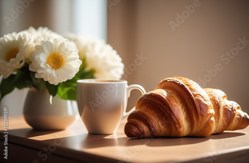 In a bright room in the morning, a croissant and a white coffee mug are on the table, and there is a bouquet of white flowers in a vase