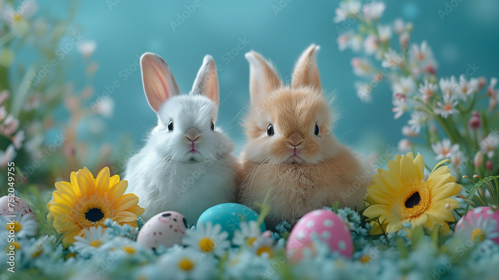 Sweet bunnies on blue with Easter eggs: Festive display.