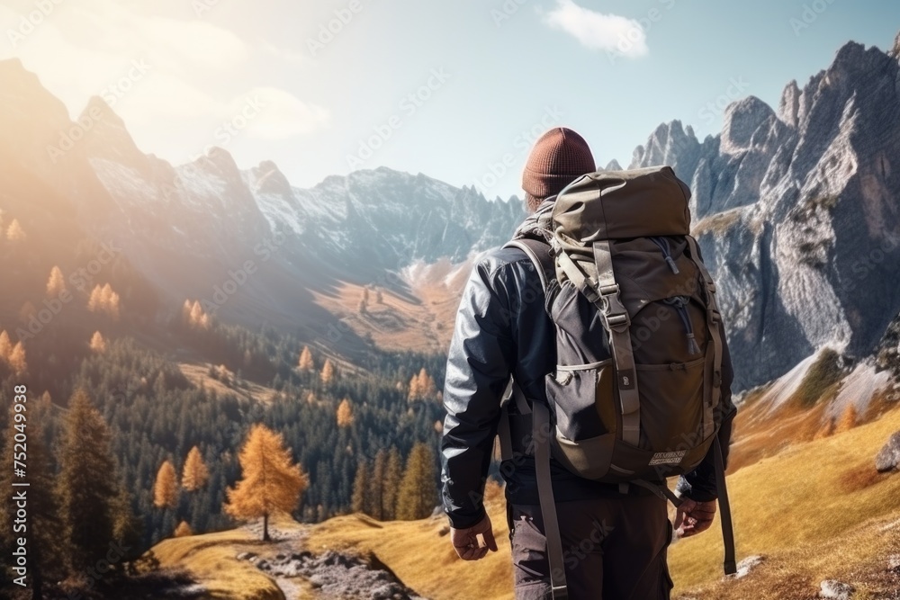 A man with a backpack walking up a hill. Suitable for outdoor and adventure themes