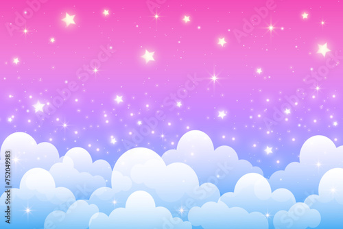 Cute cloudy pink sky with stars. Vector fantasy pastel background. Purple dreamy landscape. Abstract gradient girly wallpaper.