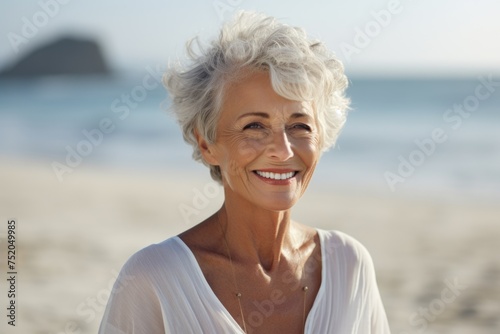 An older woman enjoying the beach, perfect for travel brochures