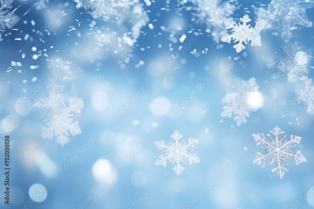 Snow flakes falling from the sky on a blue background. Ideal for winter and holiday themed designs