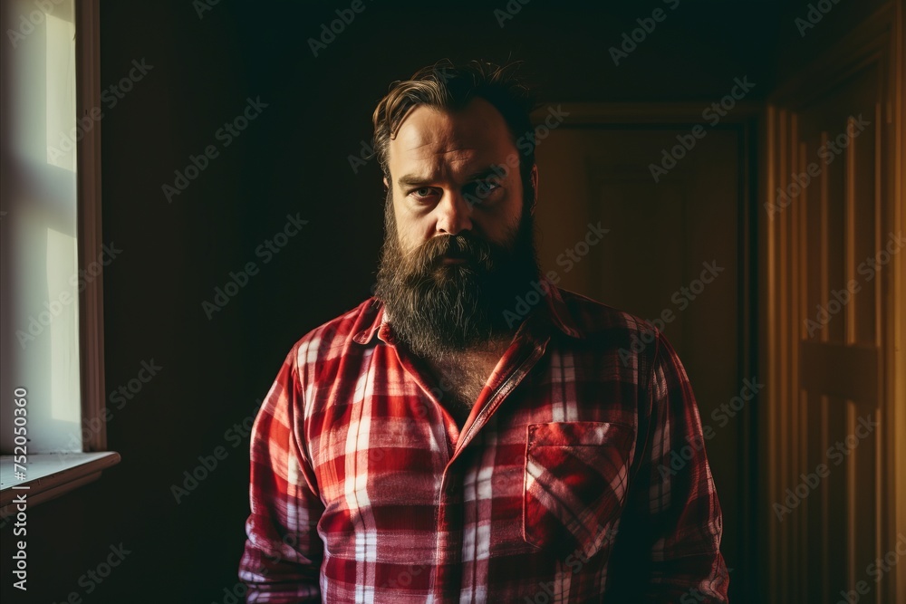 Portrait of a handsome bearded man in a red plaid shirt Portrait of a handsome bearded man in a red plaid shirt