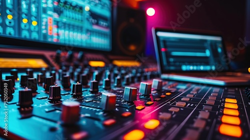Modern Music Record Studio Control Desk with Laptop Screen Showing User Interface of Digital Audio Workstation Software. Equalizer, Mixer and Professional Equipment. Faders, Sliders. Record.