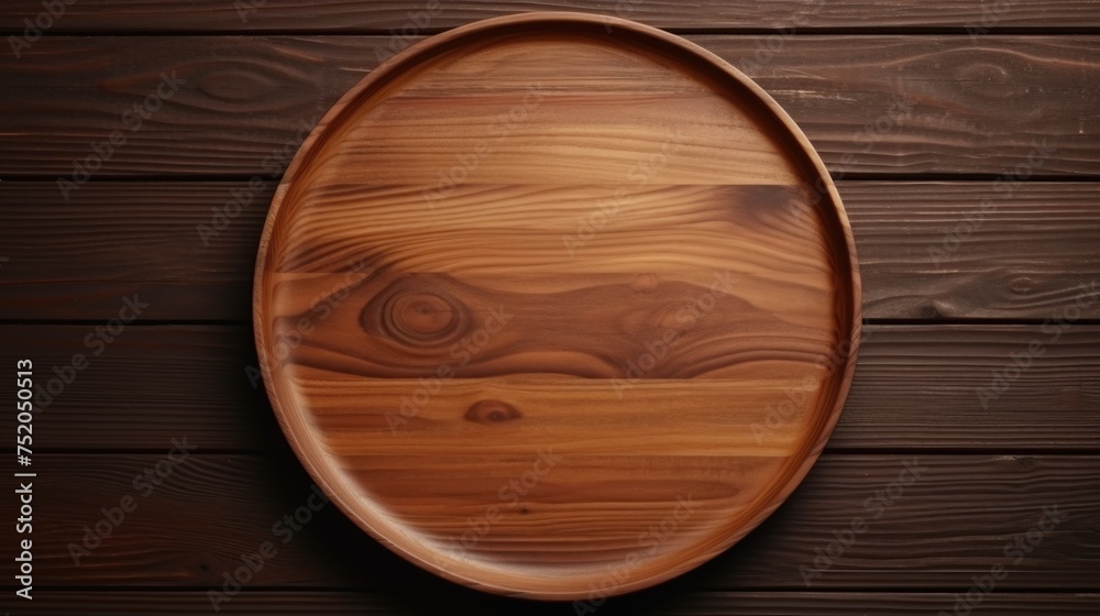 A wooden plate displayed on a table. Suitable for food and dining concepts A wooden plate displayed on a table. Suitable for food and dining concepts