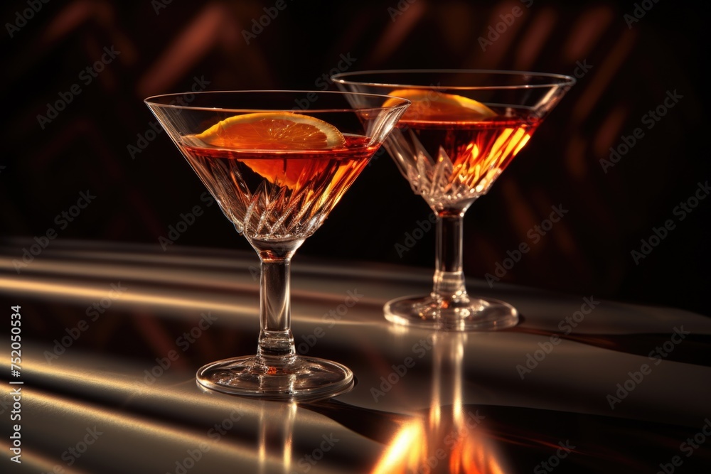 Two glasses of wine with fresh orange slices, perfect for a refreshing drink concept Two glasses of wine with fresh orange slices, perfect for a refreshing drink concept