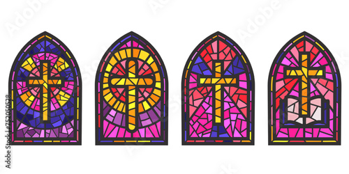 Church glass windows. Stained mosaic catholic and christian frames with cross. Vector gothic medieval arches isolated on white background