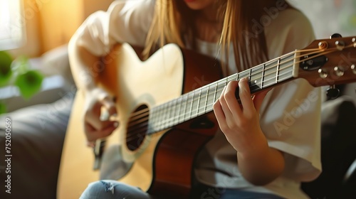 Music and hobbies. A talented young musician girl sits alone and composes songs on the guitar. The girl plays a calm melody on a musical instrument.