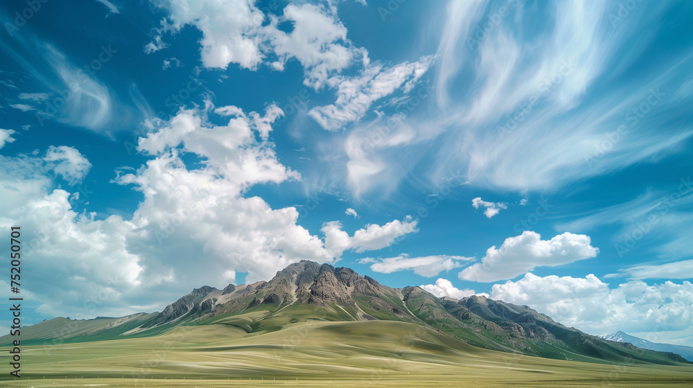 Beautiful mountain landscape with a grassy field and a clear sky - obrazy, fototapety, plakaty 