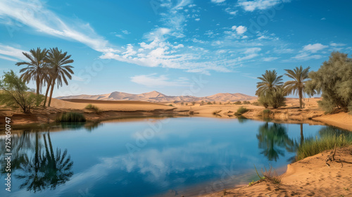 Desert landscape with a refreshing oasis in the daytime