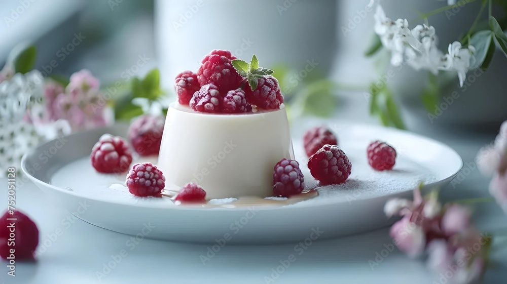 Italian Food.Panna cotta dessert topped with fresh raspberries on a white plate. Italian Food.Panna cotta dessert topped with fresh raspberries on a white plate.