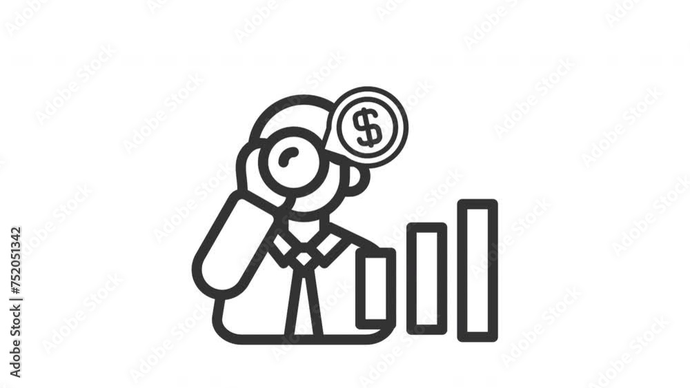Animated forecast analytics with man and magnifying glass examines dollar sign. Suitable for financial concepts, money management, savings, investment analysis, and business strategy Animated forecast analytics with man and magnifying glass examines dollar sign. Suitable for financial concepts, money management, savings, investment analysis, and business strategy