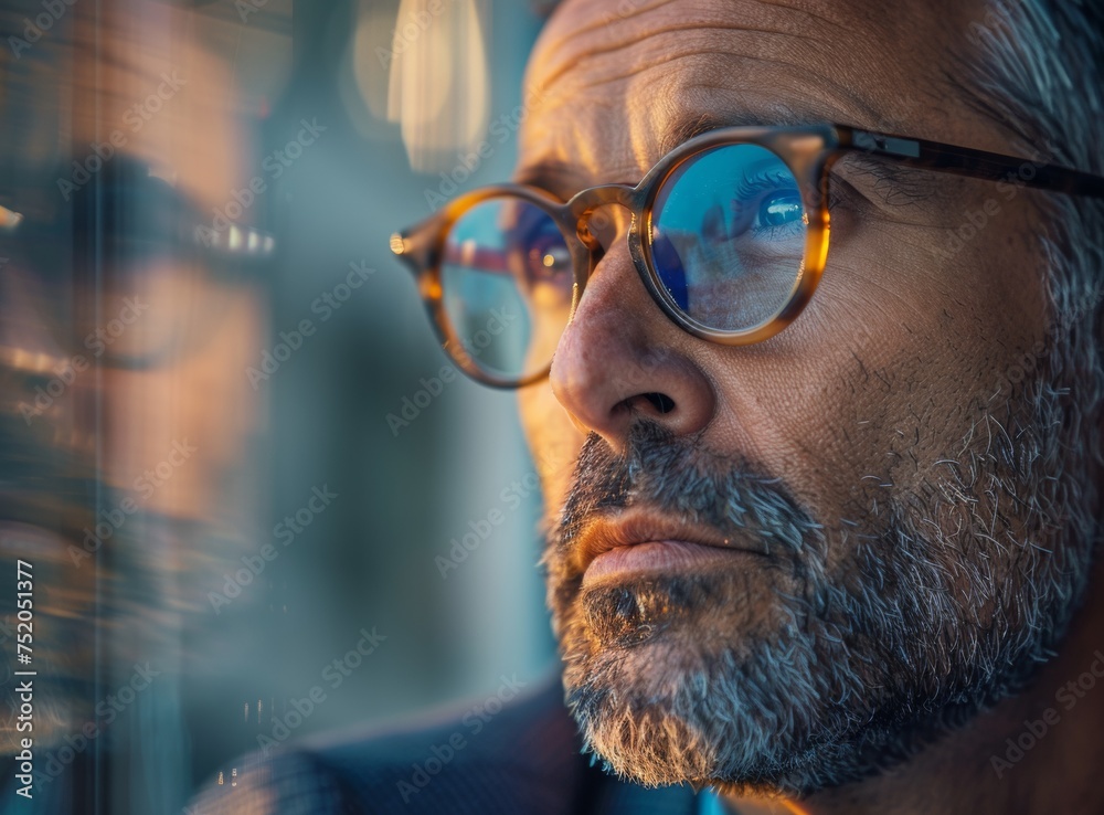 Intense Gaze of Mature Businessman with Reflective Glasses, Thoughtful Expression in Low Light with Bokeh Reflections, Professional Portrait Intense Gaze of Mature Businessman with Reflective Glasses, Thoughtful Expression in Low Light with Bokeh Reflections, Professional Portrait