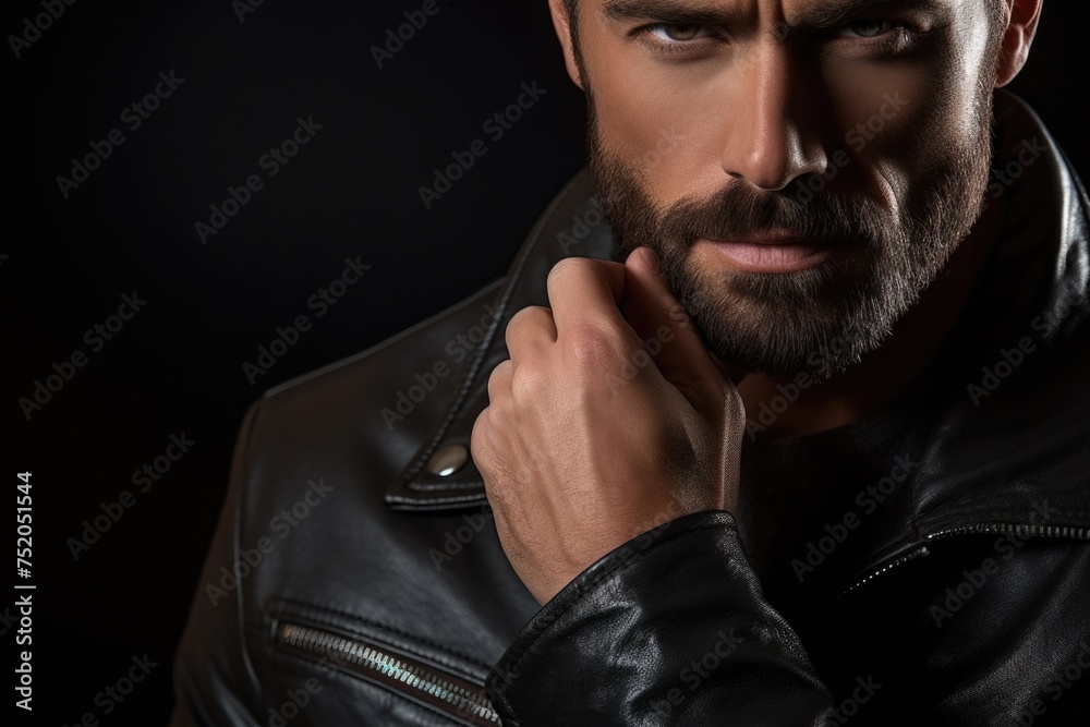 A man with a beard wearing a leather jacket. Suitable for fashion or lifestyle themes