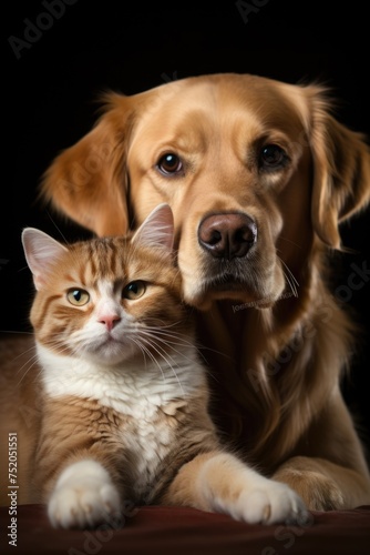 A cat and a dog sitting side by side. Perfect for pet lovers