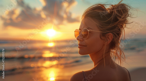 Woman at the beach wearing sunglasses looking at the beautiful sunset 